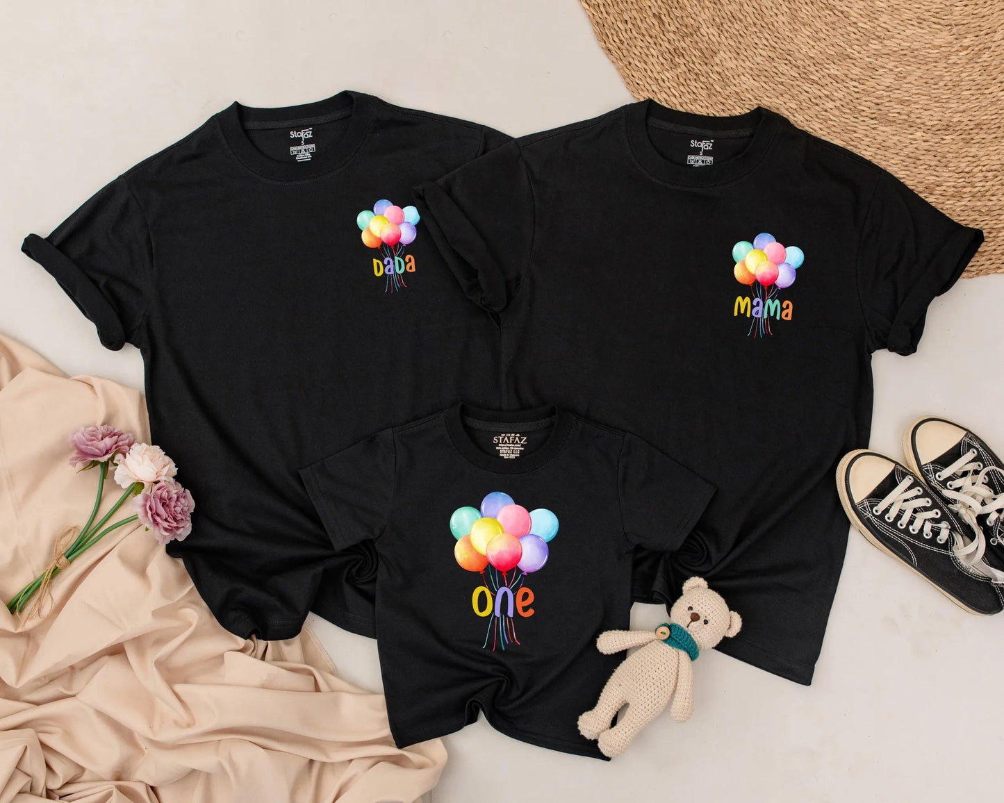 Personalized Colorful Balloon Birthday Shirt for First Birthday Custom Name Rainbow Balloons Mama Dada Sis Outfit First Birthday Gift