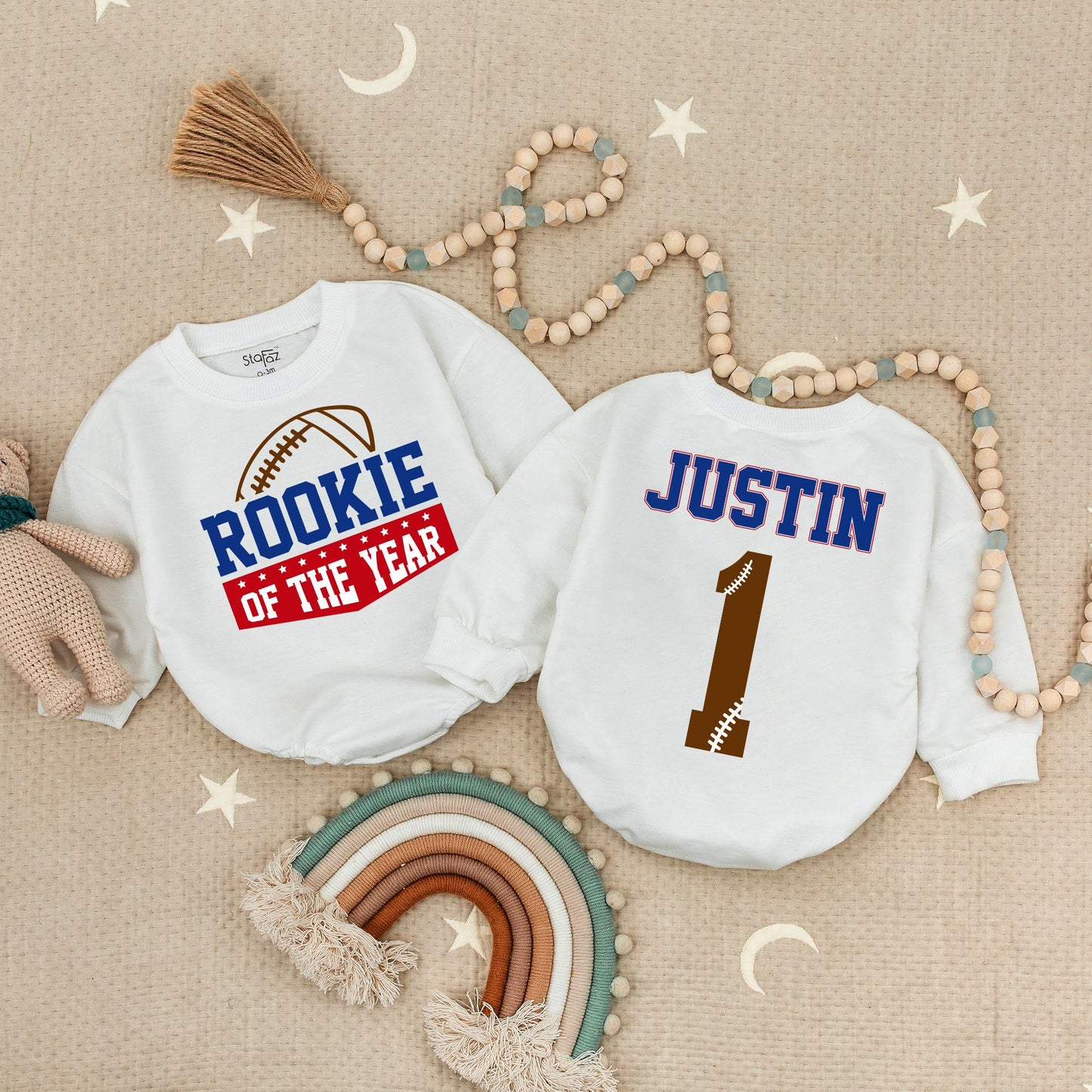 Rookie of the Year Football Baby Romper for First Birthday Celebrations Bold Blue Red Stars Playful Sports Theme Outfit