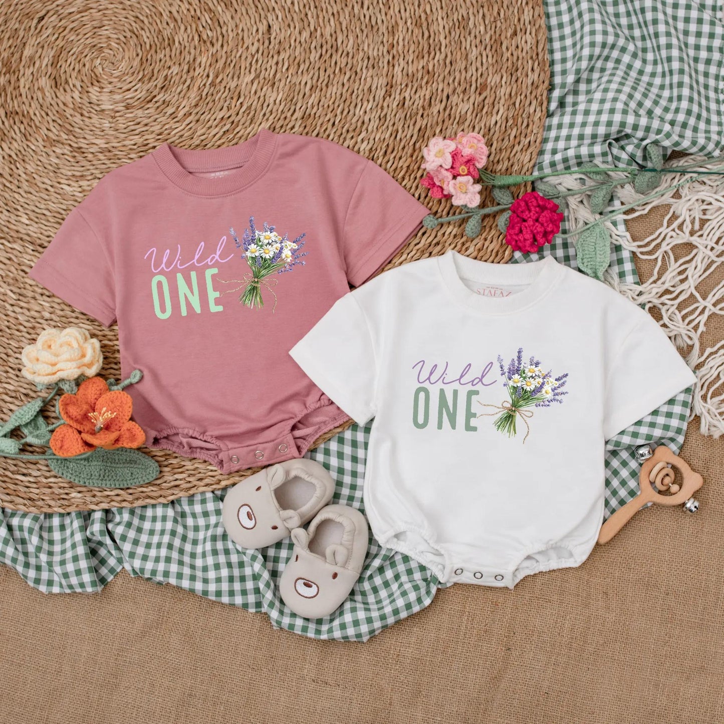 Wild One Wildflower Baby Romper Vintage Floral Bodysuit Boho First Birthday Outfit Girl's Cake Smash Clothes Little Wildflower Gift One Year Old