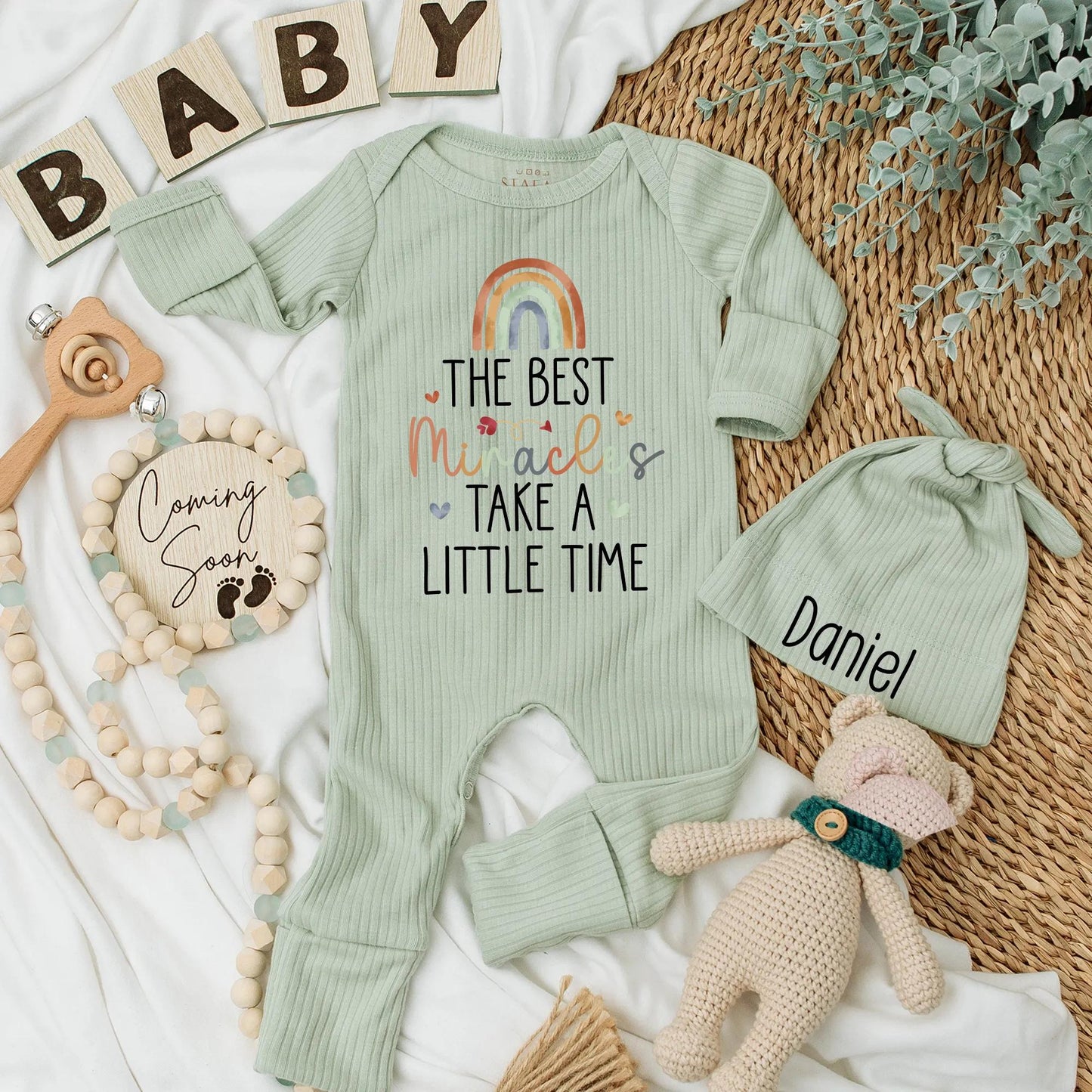 The Best Miracles Take a Little Time Custom Newborn Romper & Hat Set Baby Announcement Outfit Personalized Baby Gift