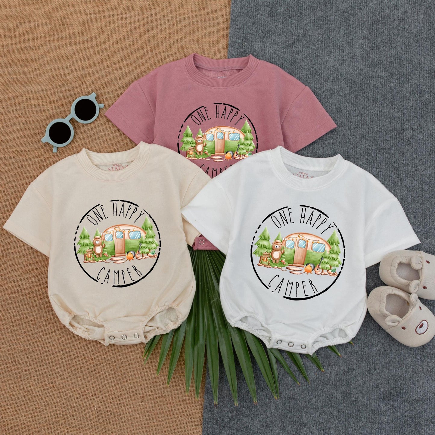 One Happy Camper Personalized Baby Romper Custom Name Bubble Outfit for Camping First Birthday Party Girl