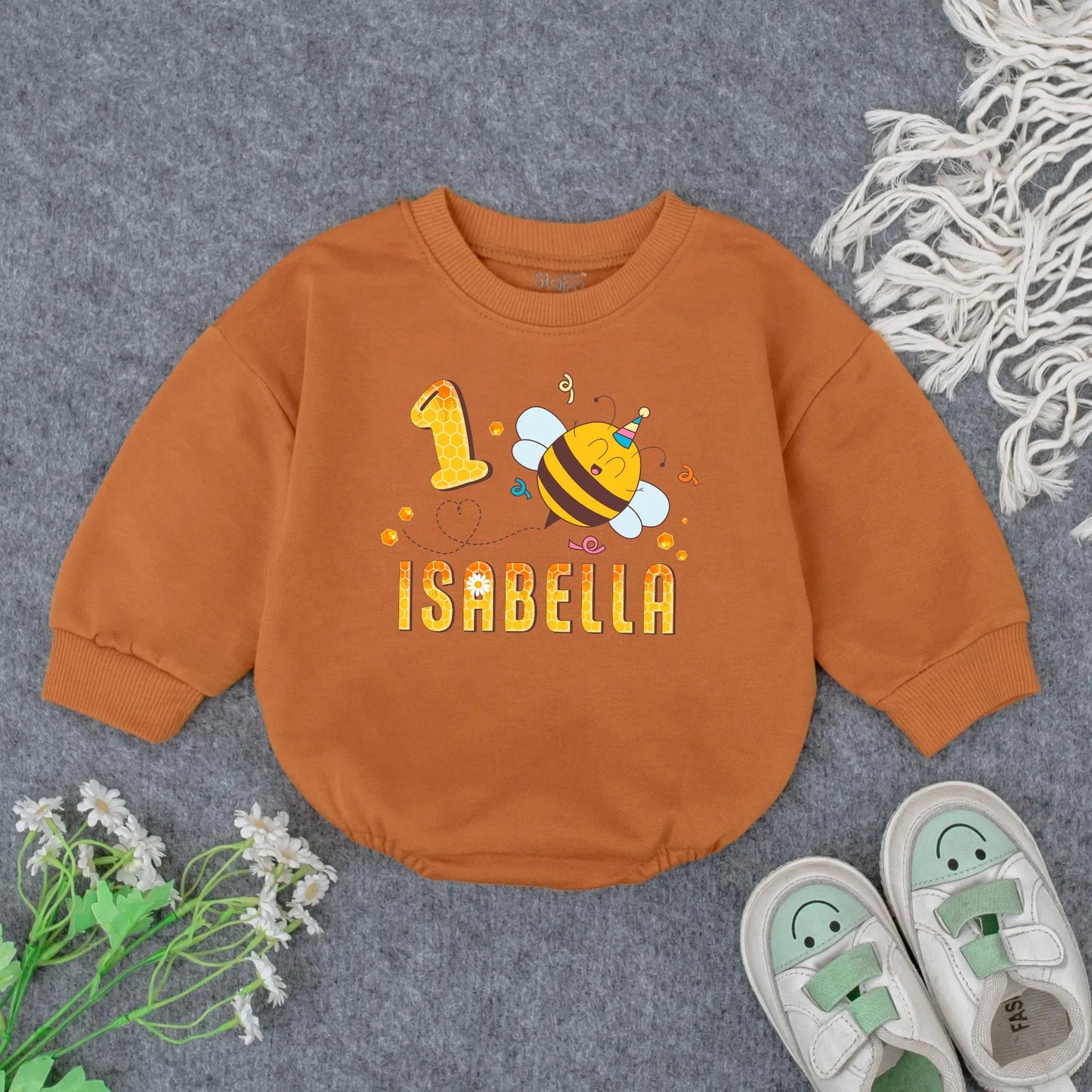 Personalized 1st Birthday Girl Romper Outfit Cute Bumblebee Honeycomb Design with Name Yellow Black Cheerful Floral Party Tee