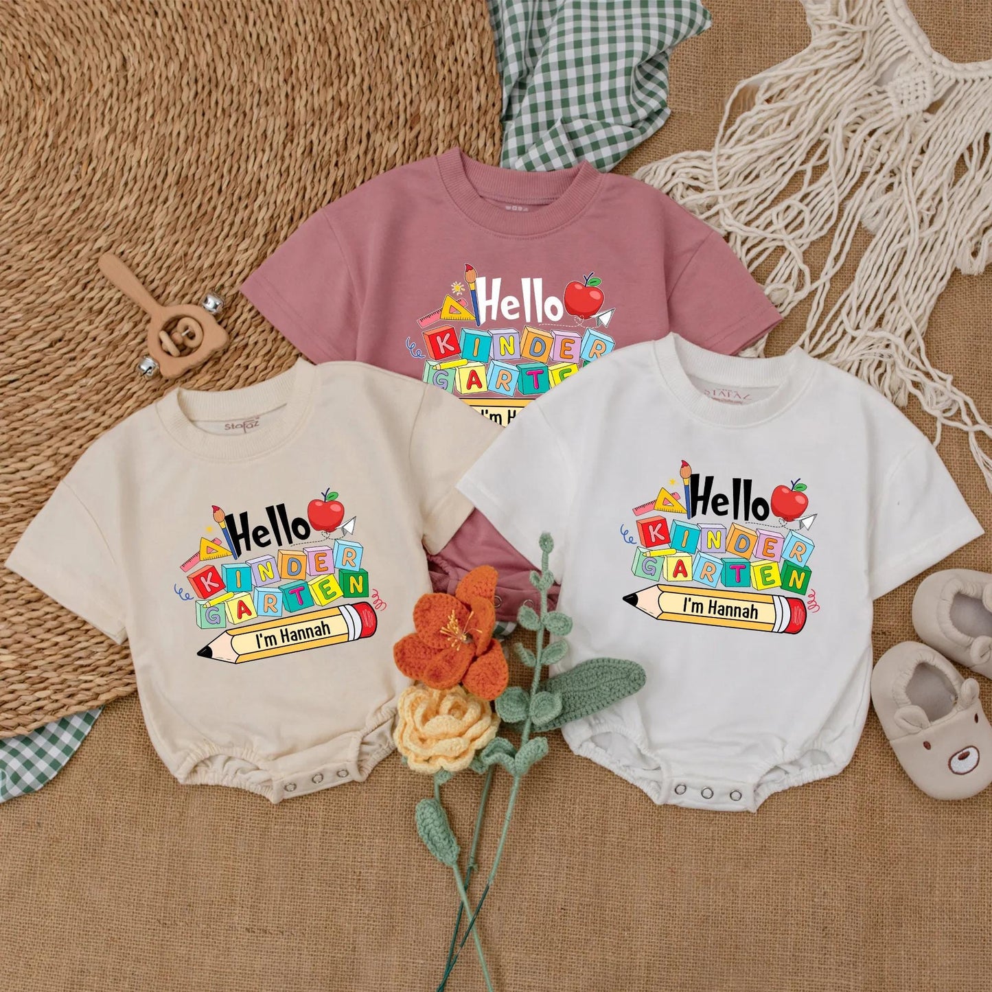 Hello Kindergarten Baby Romper Personalized Back to School Outfit Custom First Day Preschool Clothes Name Pencil Gift