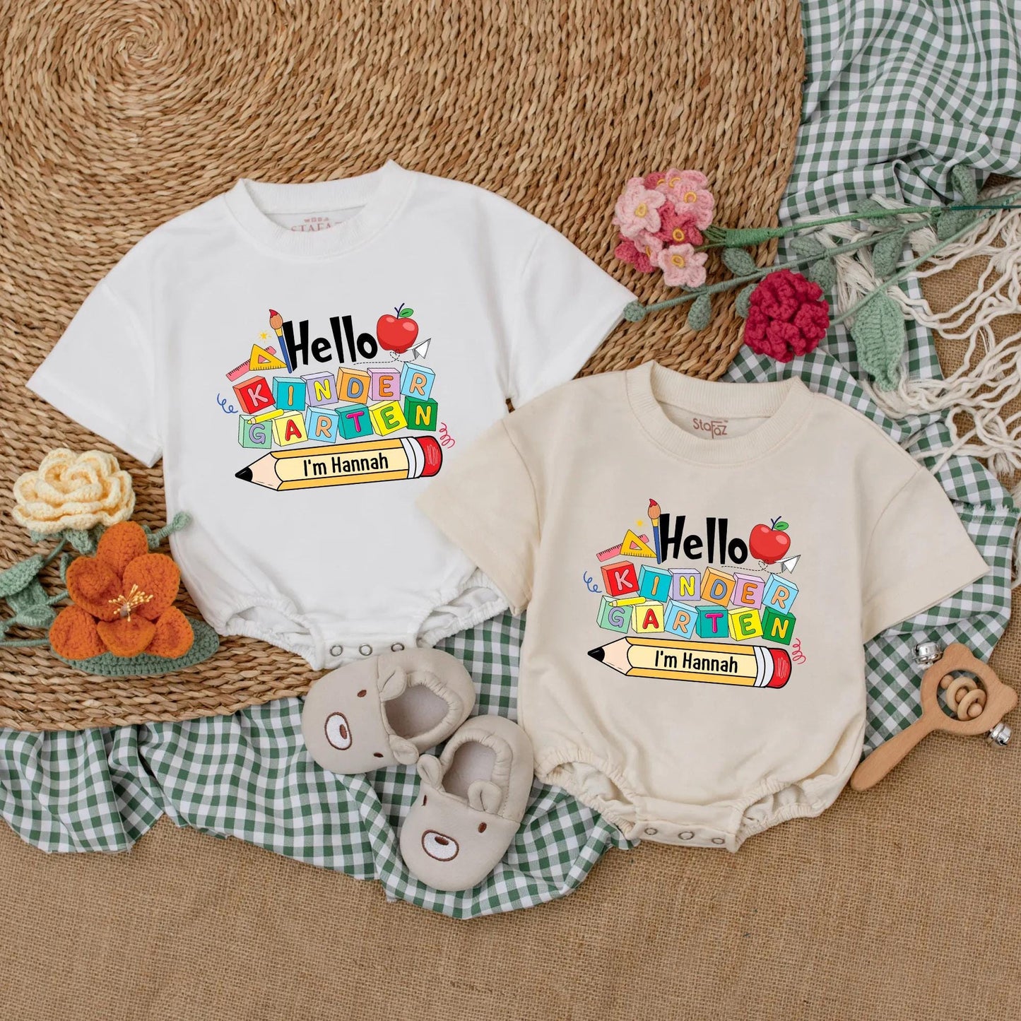 Hello Kindergarten Baby Romper Personalized Back to School Outfit Custom First Day Preschool Clothes Name Pencil Gift