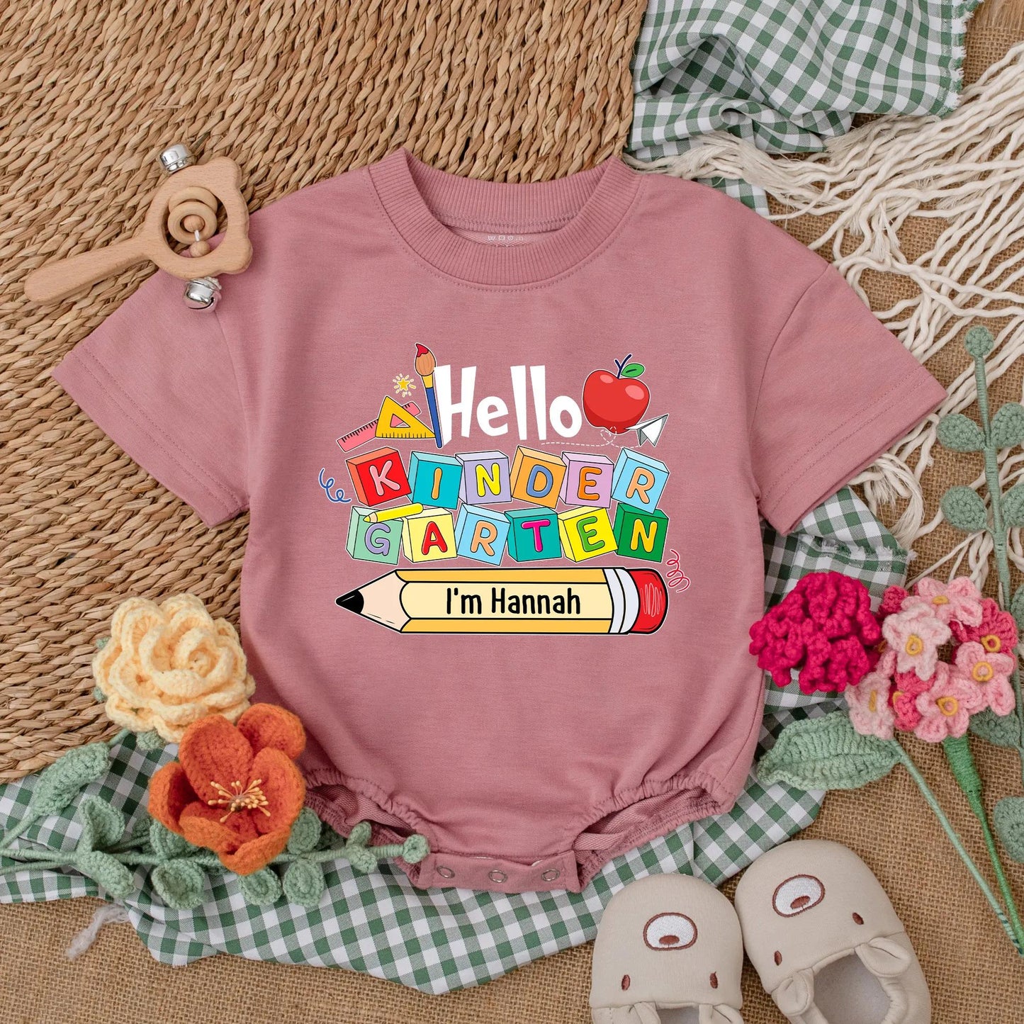 Hello Kindergarten Baby Romper Personalized Back to School Outfit Custom First Day Preschool Clothes Name Pencil Gift