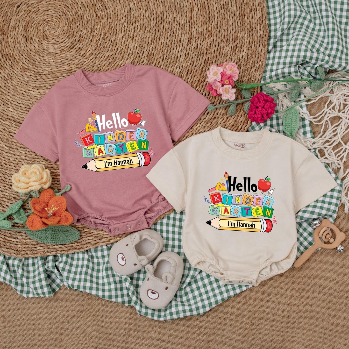 Hello Kindergarten Baby Romper Personalized Back to School Outfit Custom First Day Preschool Clothes Name Pencil Gift