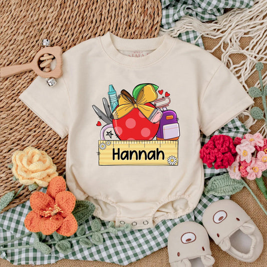 Personalized Baby Girl Apple Romper Custom Name First Day Preschool Outfit Toddler School Gift