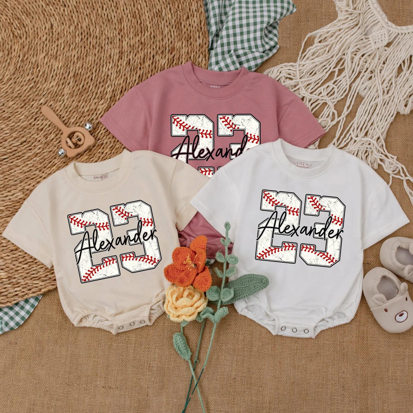 Personalized Baseball Number Baby Boy Romper with Custom Name Two Sided Short Sleeve Bodysuit Comfortable First Game Day Birthday Gift