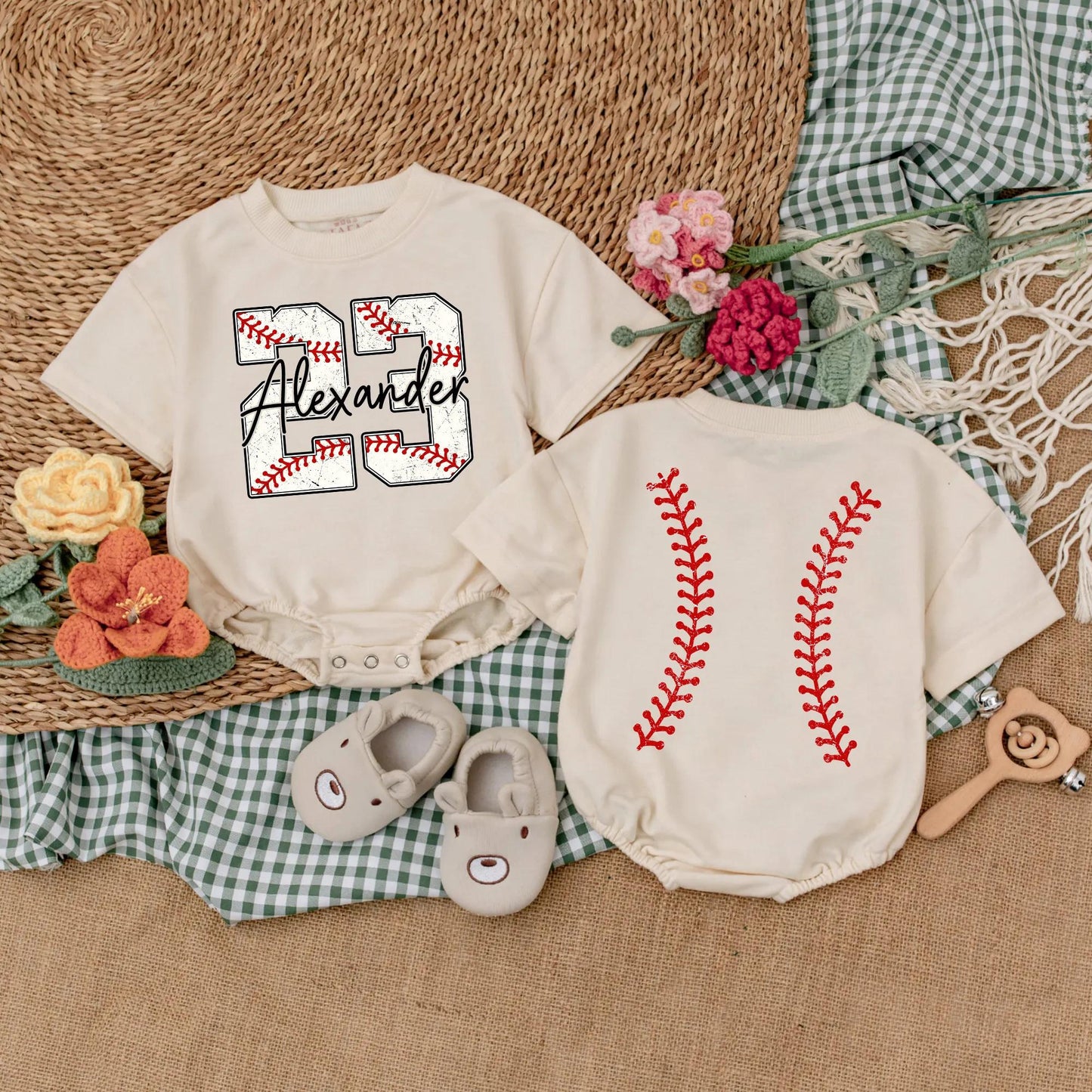 Personalized Baseball Number Baby Boy Romper with Custom Name Two Sided Short Sleeve Bodysuit Comfortable First Game Day Birthday Gift