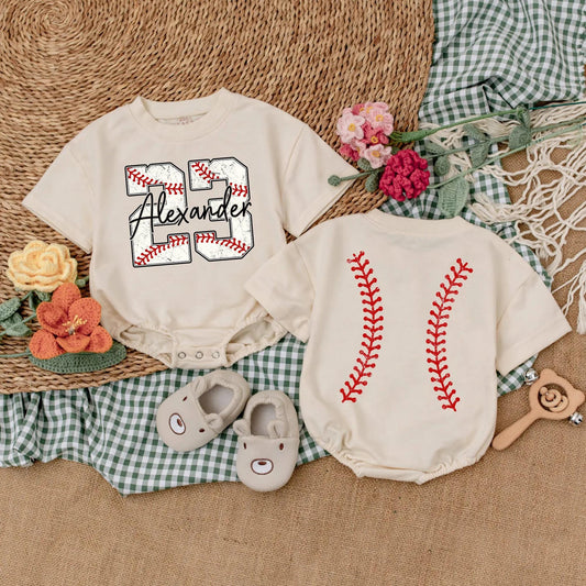 Personalized Baseball Number Baby Boy Romper with Name Two Sided Short Sleeve Bubble Bodysuit Game Day Gift Outfit