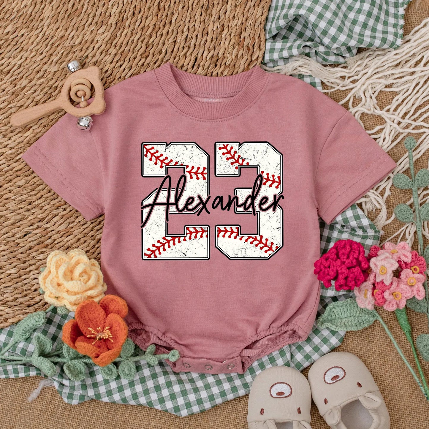 Personalized Baseball Number Baby Boy Romper with Custom Name Two Sided Short Sleeve Bodysuit Comfortable First Game Day Birthday Gift