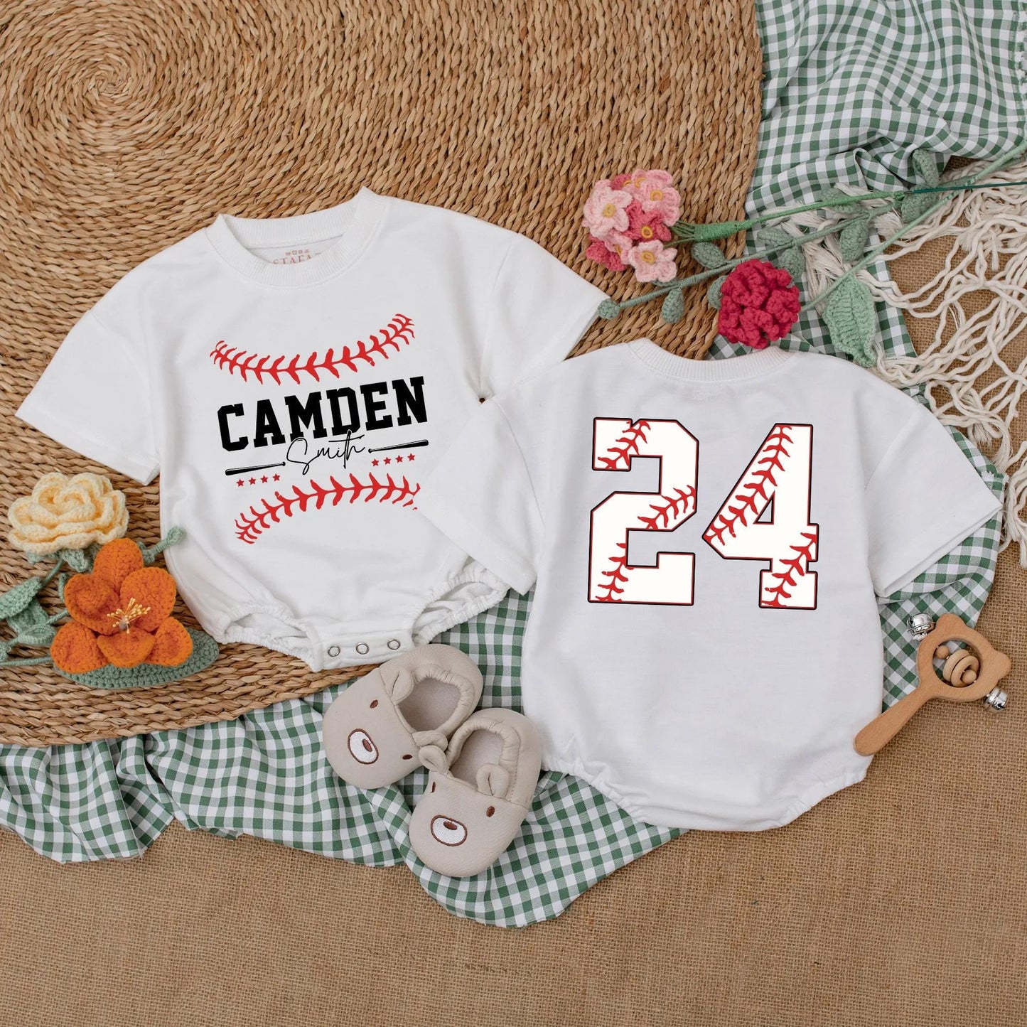 Custom Name & Number Baseball Romper Baby Outfit Two-Sided Game Day Sporty Clothes Boy Gift