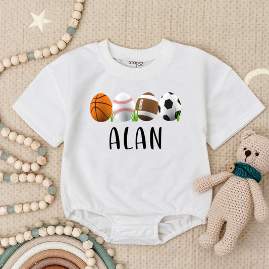 Personalized Easter Sports Romper for Baby ALAN's 1st Game Day! Cute Egg Basket Ball, Baseball, Football Outfit, Soft Short Sleeve Bodysuit Gift