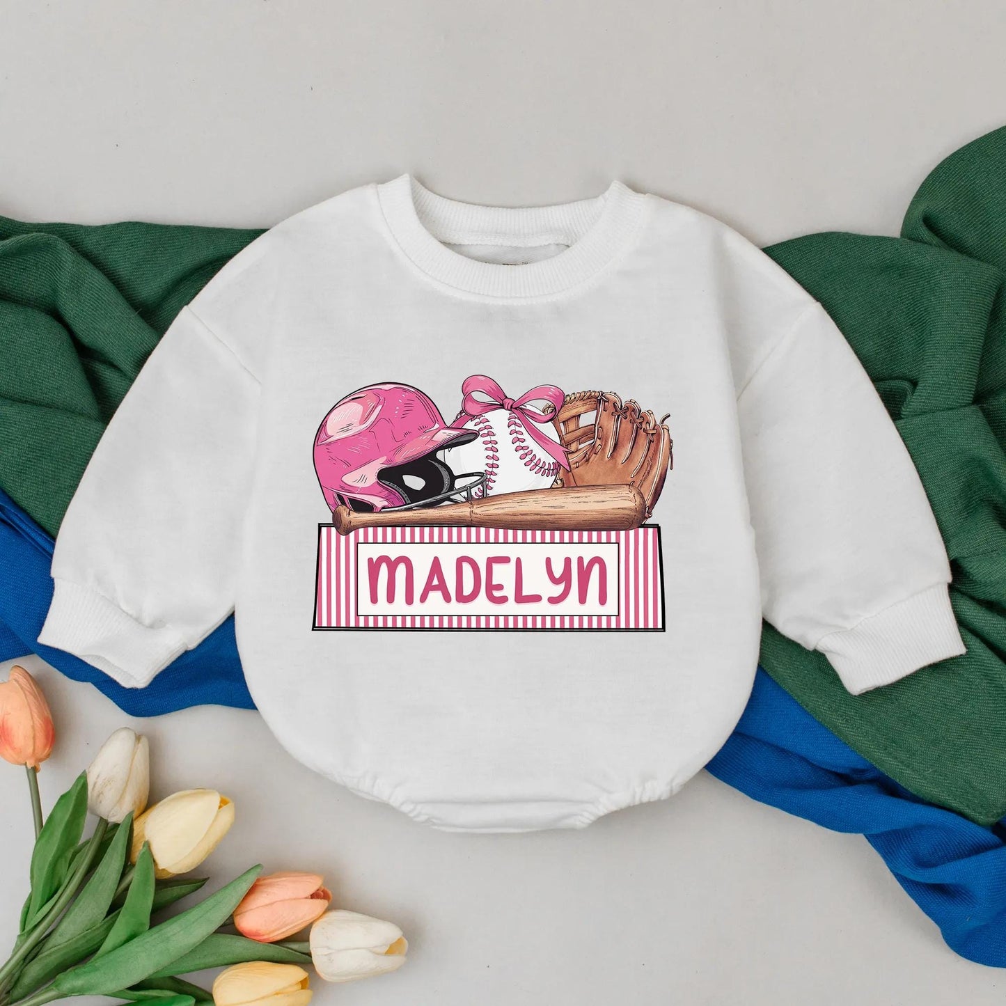 Personalized Name Baseball Girl Romper Gameday Baby Outfit, Retro Baseball Day, Custom Name Newborn Gift, Bubble Romper 1st Birthday