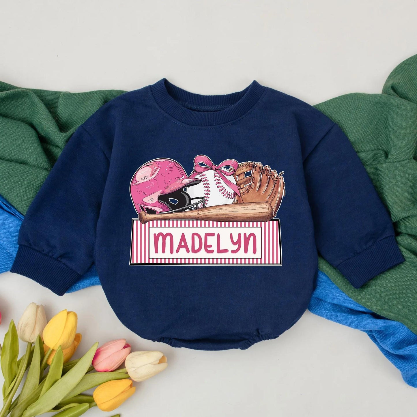 Personalized Name Baseball Girl Romper Gameday Baby Outfit, Retro Baseball Day, Custom Name Newborn Gift, Bubble Romper 1st Birthday