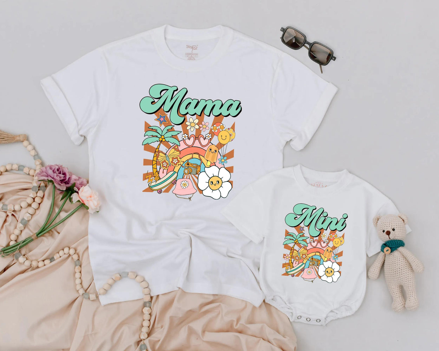 Mama and Mini Matching Shirts Mother Daughter Retro Groovy Beach Tropical Summer Family Tee Outfit Pastel Aesthetic Mother's Day Gift
