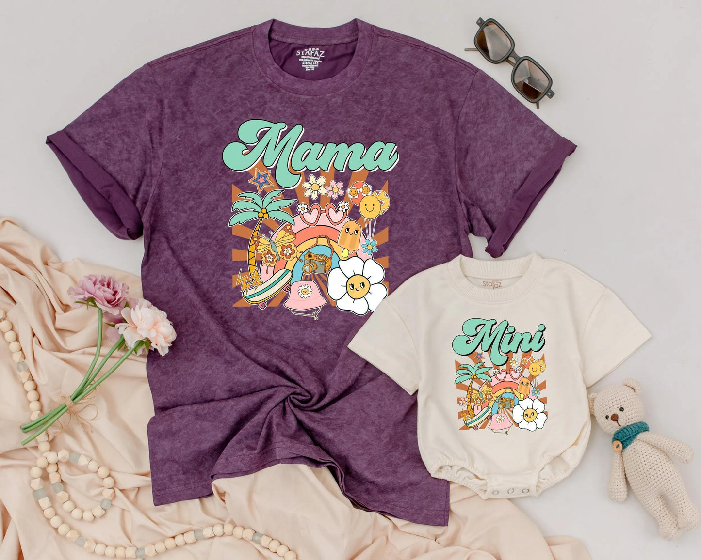 Mama and Mini Matching Shirts Mother Daughter Retro Groovy Beach Tropical Summer Family Tee Outfit Pastel Aesthetic Mother's Day Gift
