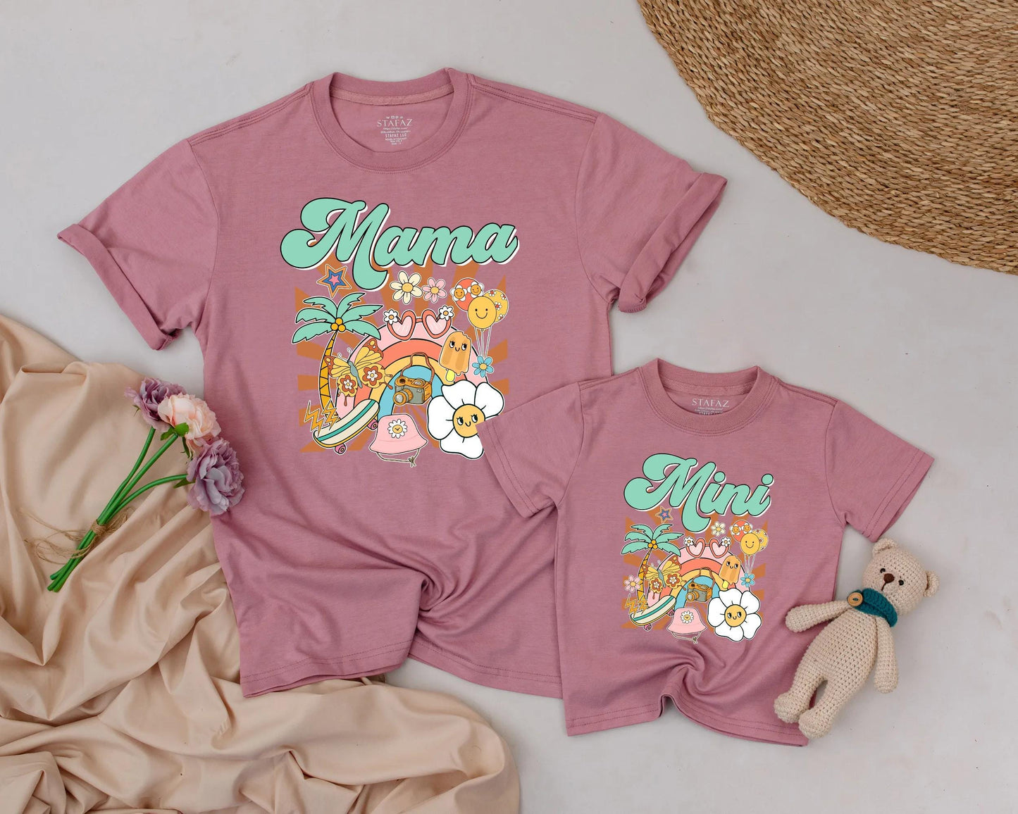 Mama and Mini Matching Shirts Mother Daughter Retro Groovy Beach Tropical Summer Family Tee Outfit Pastel Aesthetic Mother's Day Gift
