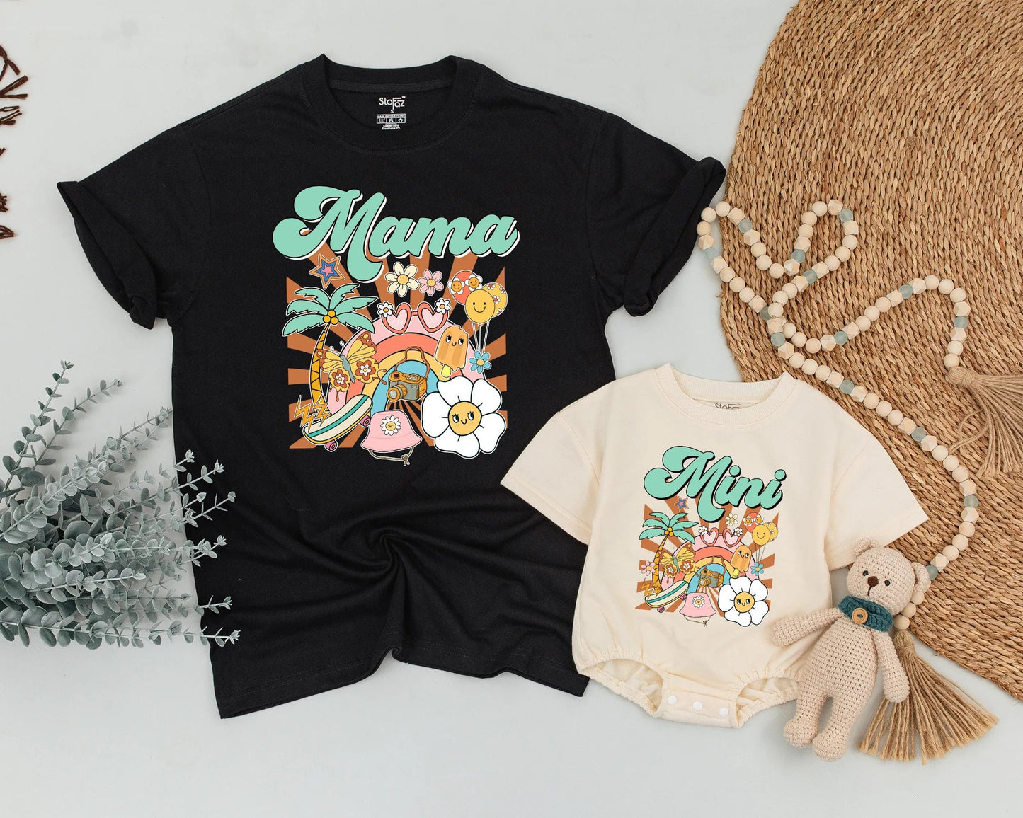 Mama and Mini Matching Shirts Mother Daughter Retro Groovy Beach Tropical Summer Family Tee Outfit Pastel Aesthetic Mother's Day Gift