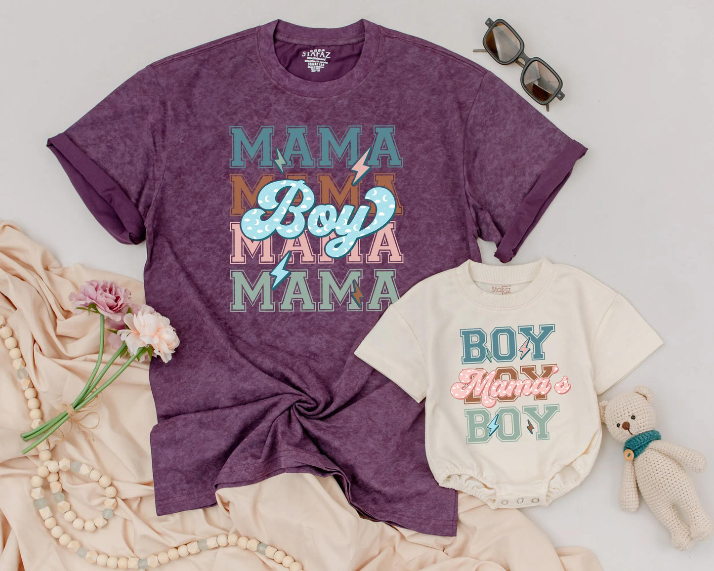 Matching Retro Mama Boy & Mama's Boy Shirts - Soft Teal Peach Lightning Bolt Design - Mommy and Me Outfit for Mother's Day & Baby Shower Gifts