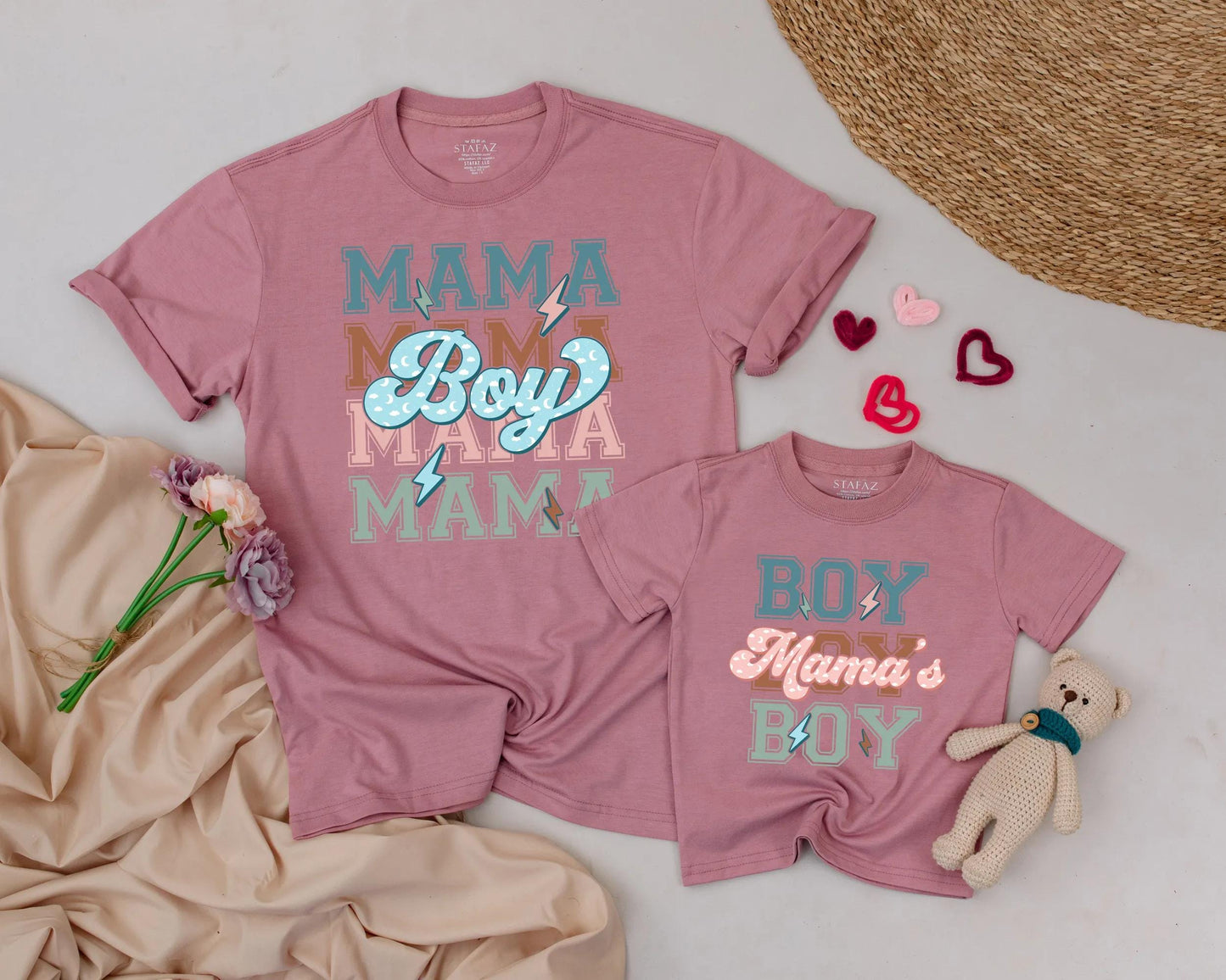 Matching Retro Mama Boy & Mama's Boy Shirts - Soft Teal Peach Lightning Bolt Design - Mommy and Me Outfit for Mother's Day & Baby Shower Gifts