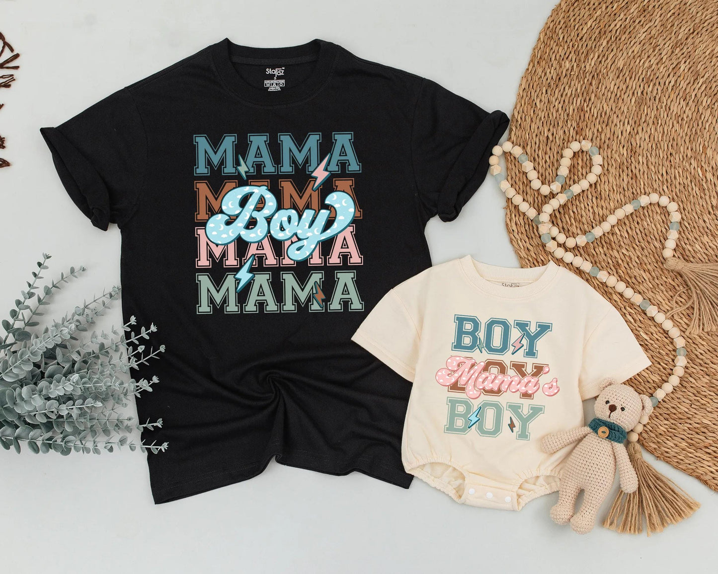 Matching Retro Mama Boy & Mama's Boy Shirts - Soft Teal Peach Lightning Bolt Design - Mommy and Me Outfit for Mother's Day & Baby Shower Gifts