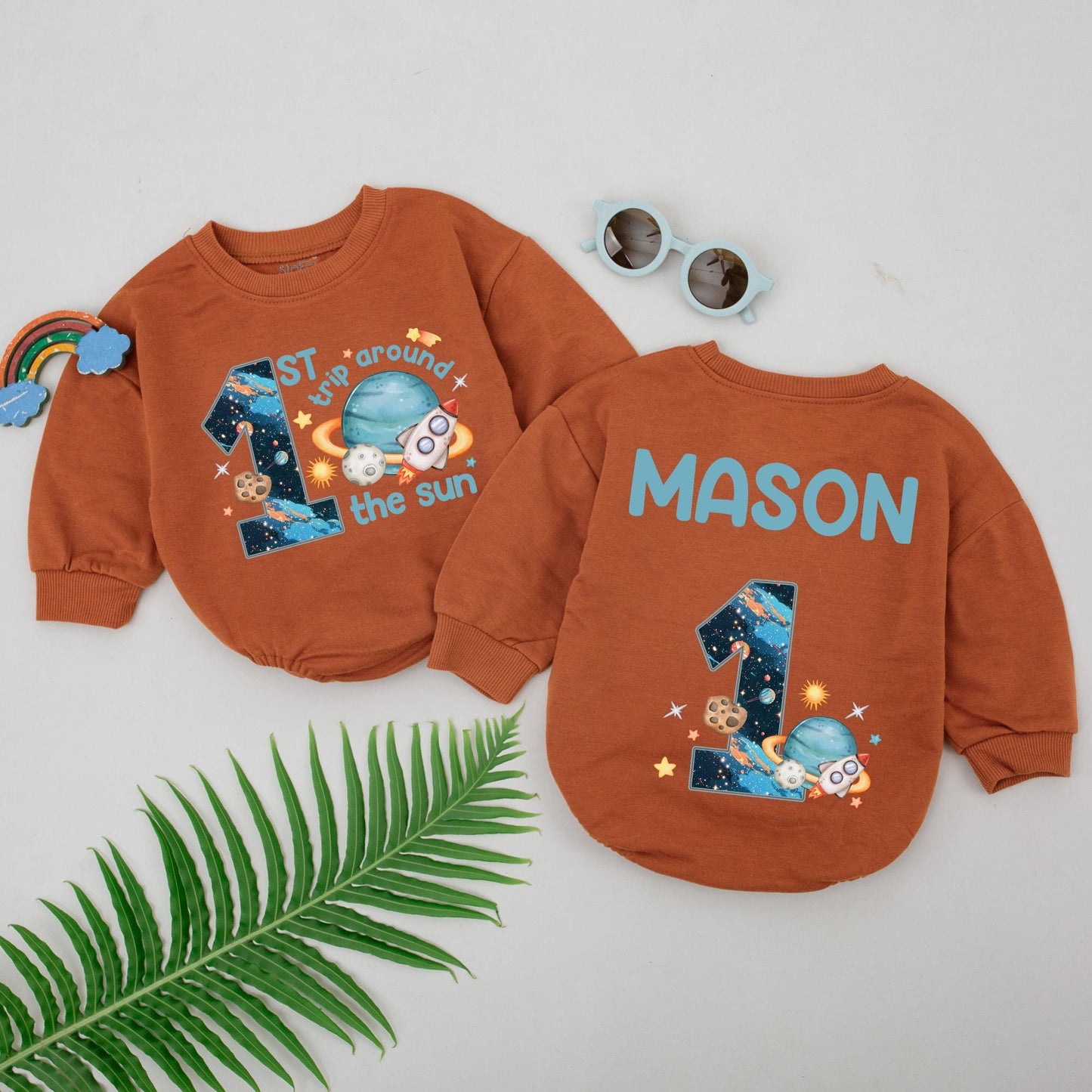 First Trip Around the Sun Romper Personalized Baby Boy Space Birthday Outfit Cute Astronaut Romper Galaxy One Year Old Gift Idea