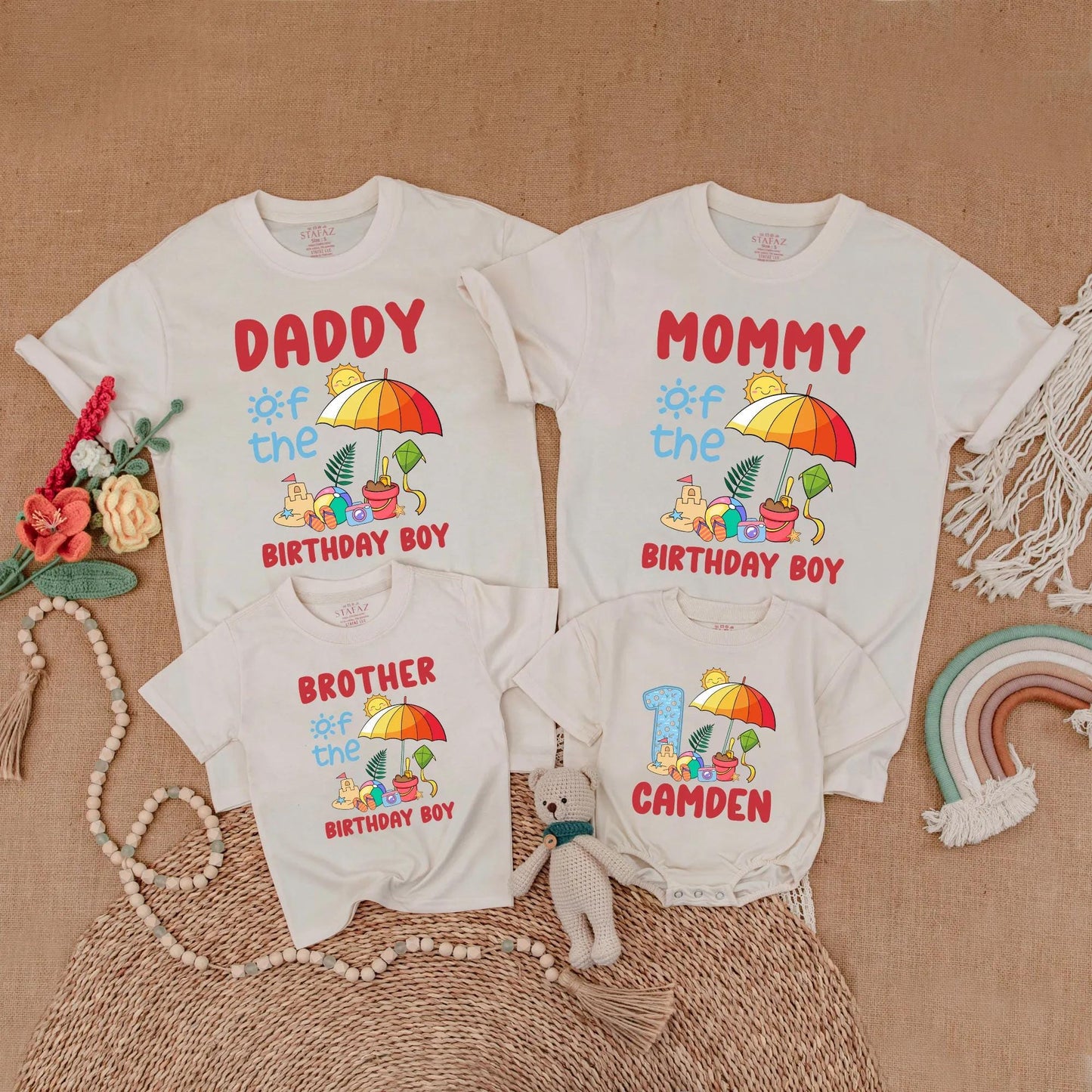 Matching Beach Birthday Boy Family Shirts Custom Romper Summer Party Outfit First Birthday Gift