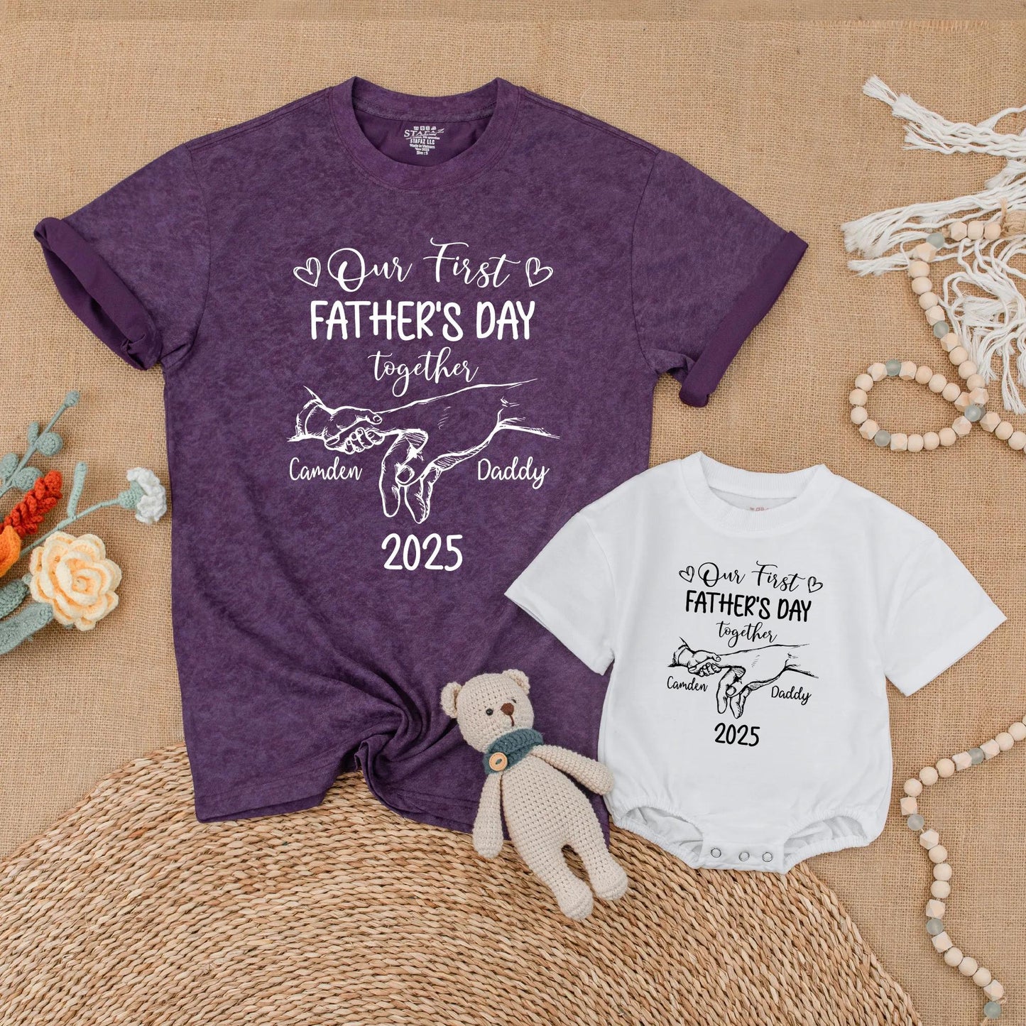 Personalized Daddy and Me First Father's Day Matching Bubble Romper and Shirt Custom Names New Dad Gift Outfit