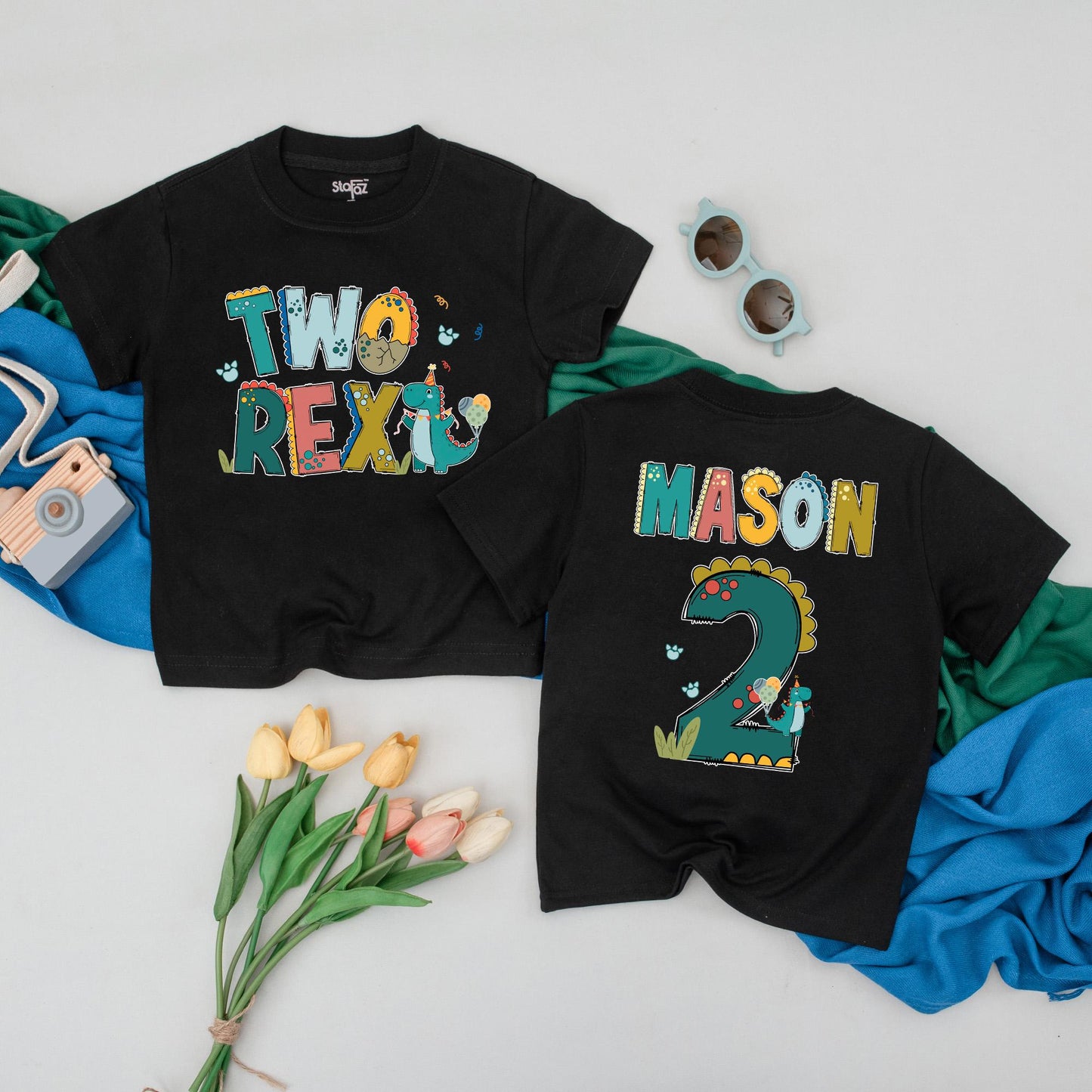 Personalized Two Rex Birthday Boy Shirt Colorful Dinosaur 2nd Birthday Toddler Outfit Whimsical Party Tee Fun Gift Idea