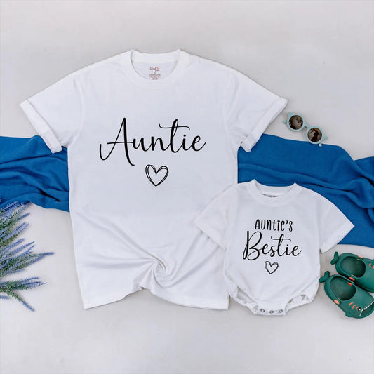 Auntie and Baby Matching Bestie T-Shirts Cute Outfit Set Perfect Gift for New Aunts Baby Shower Celebration Comfortable Bodysuit