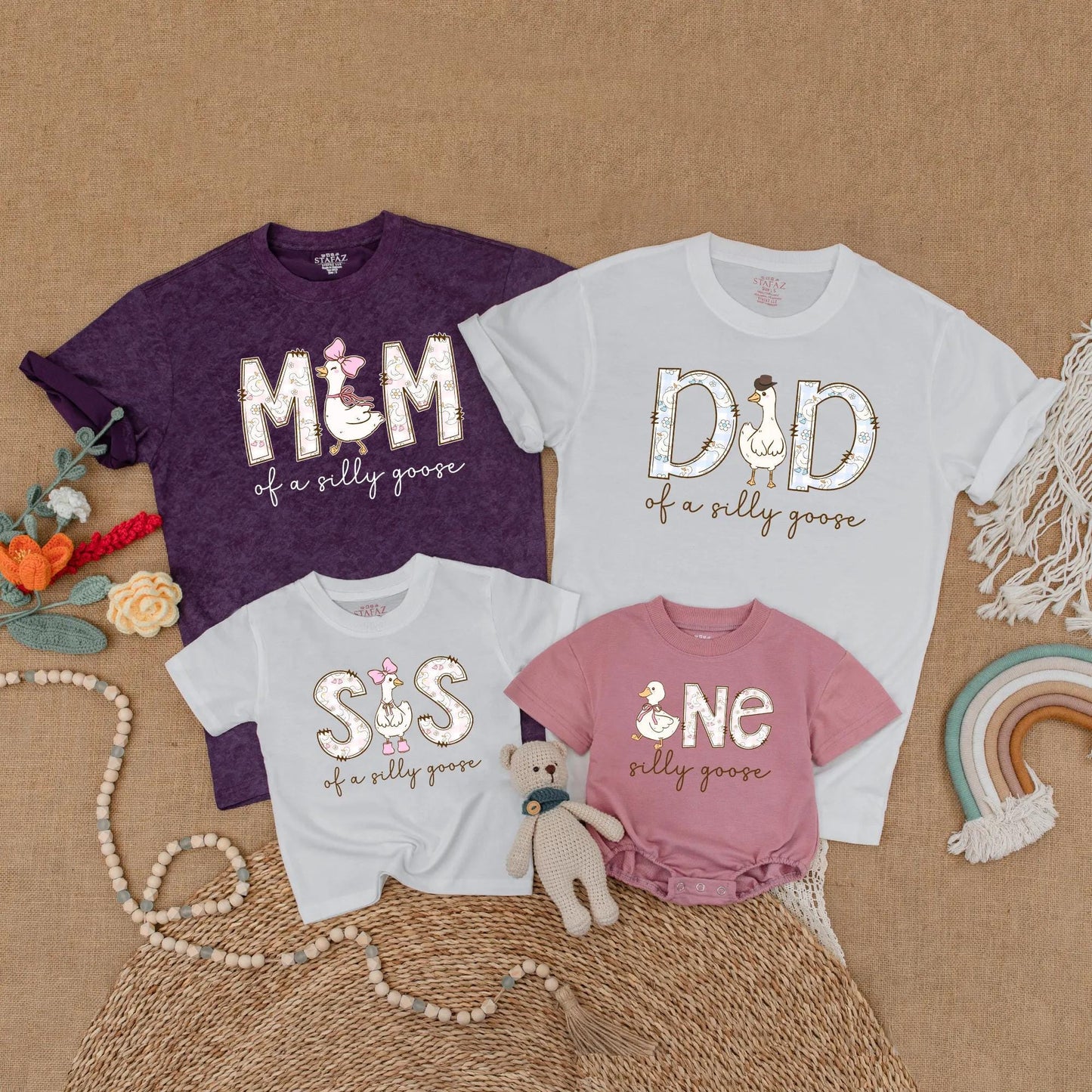 Cute Goose First Birthday Family Matching Shirts Mom Dad Girl Adorable Silly Goose Theme Outfits Light Blue Pink Cheerful Design
