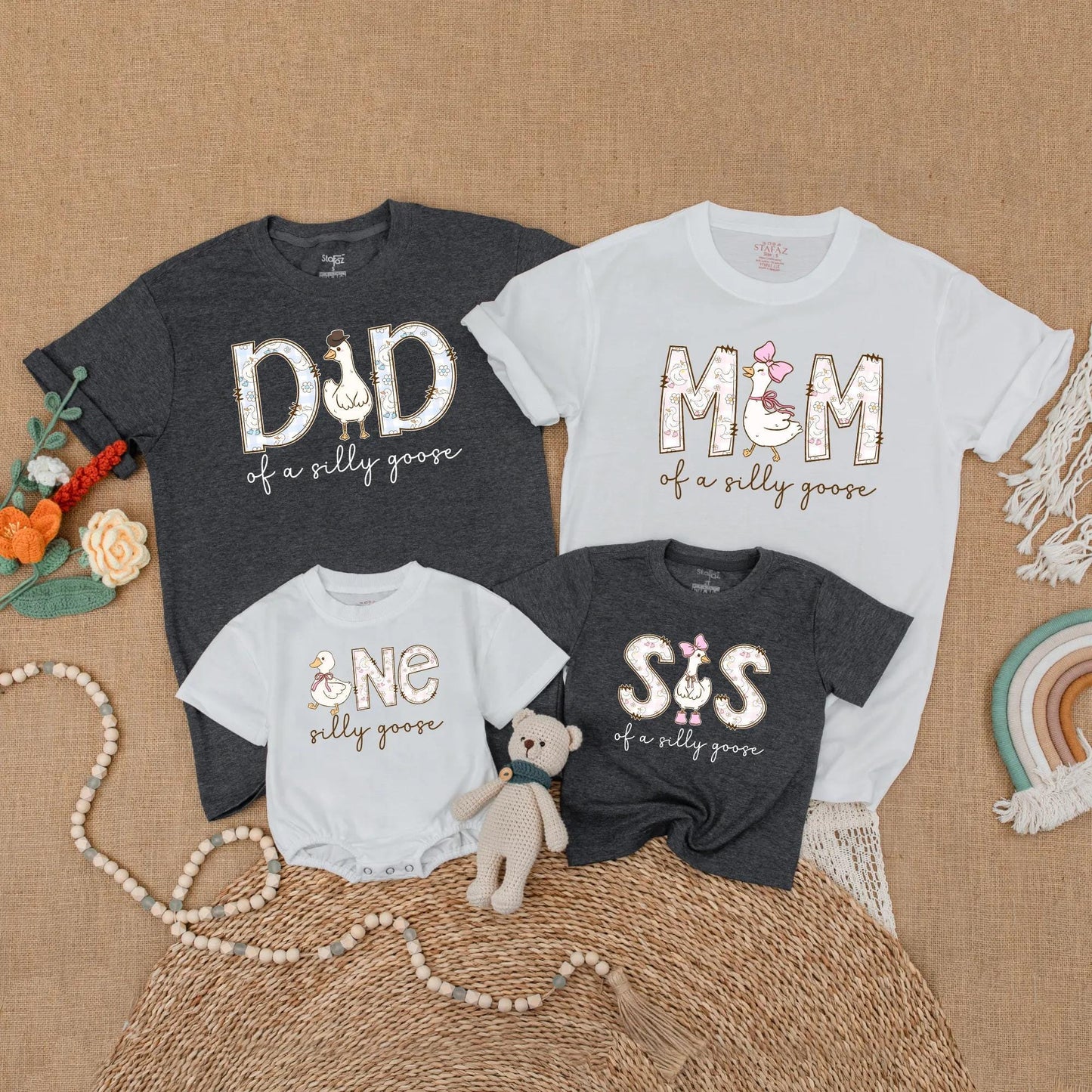 Cute Goose First Birthday Family Matching Shirts Mom Dad Girl Adorable Silly Goose Theme Outfits Light Blue Pink Cheerful Design