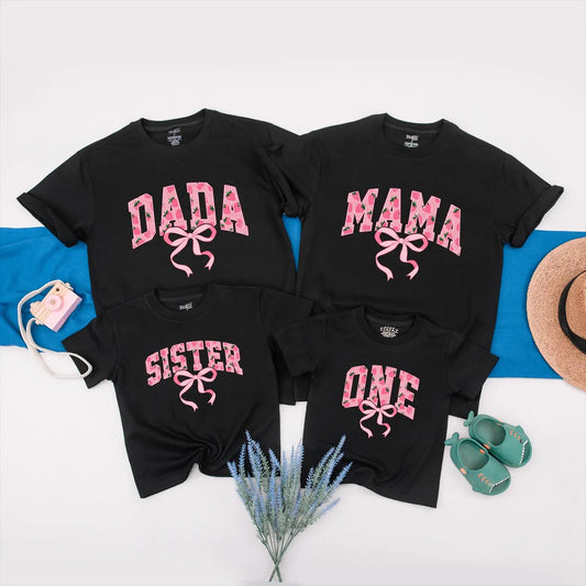 Matching Strawberry Birthday Family Shirts: Dada, Mama, Sister, 1st Birthday Girl Outfit with Pink Bow & Cute Design