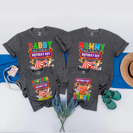 Circus Birthday Matching Family Shirts, Custom Name & Age Outfit, Carnival Party Tees for Birthday Boy, Mommy, Daddy, Sister, Personalized Celebration (139 chars)