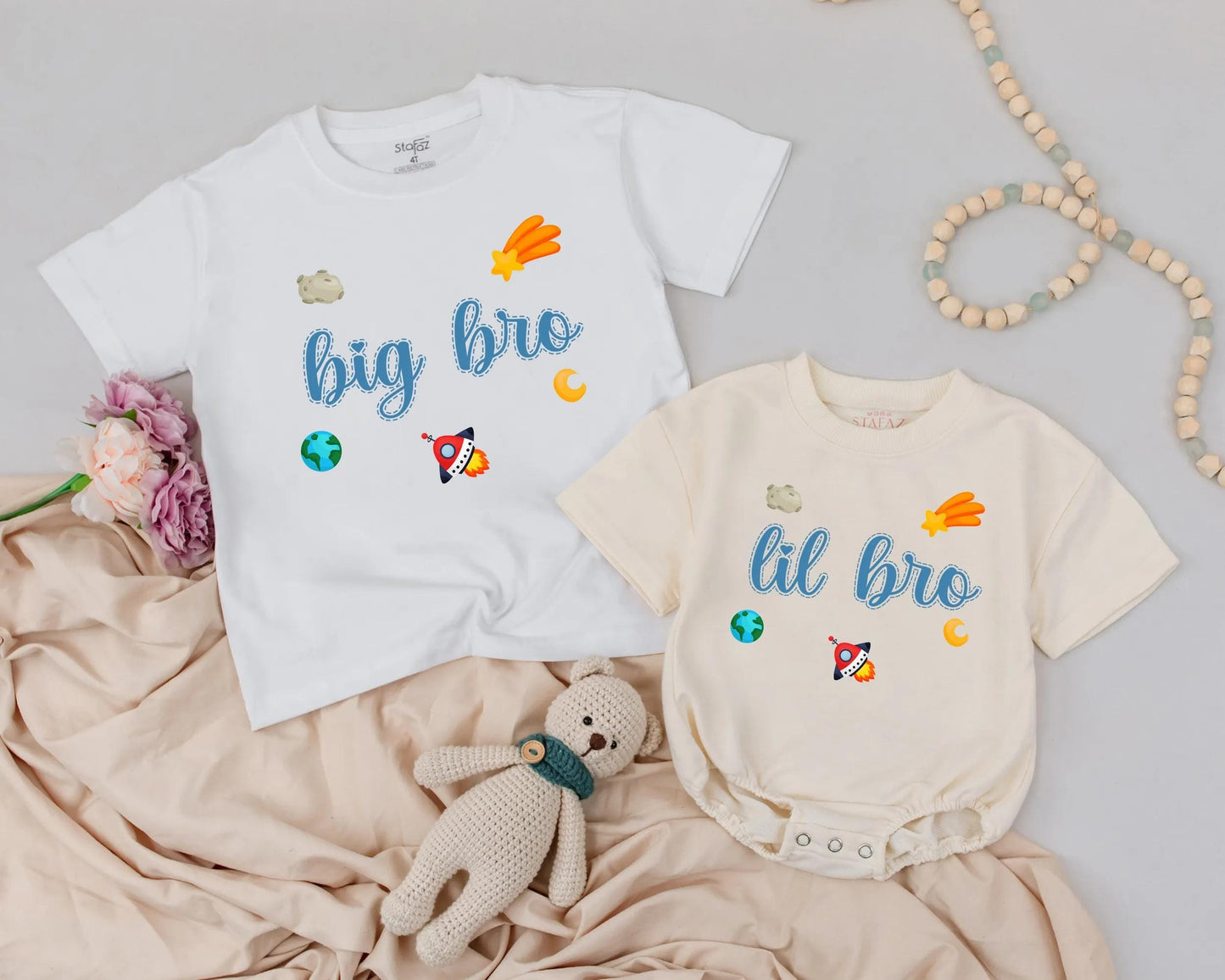 Big Bro Lil Bro Matching Space Theme Outfits for Siblings Baby Toddler Newborn Gift Big Brother Announcement Comfort Cotton Soft