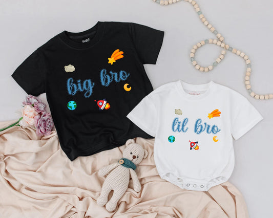 Big Bro Lil Bro Matching Space Theme Outfits for Siblings Baby Toddler Newborn Gift Big Brother Announcement Comfort Cotton Soft