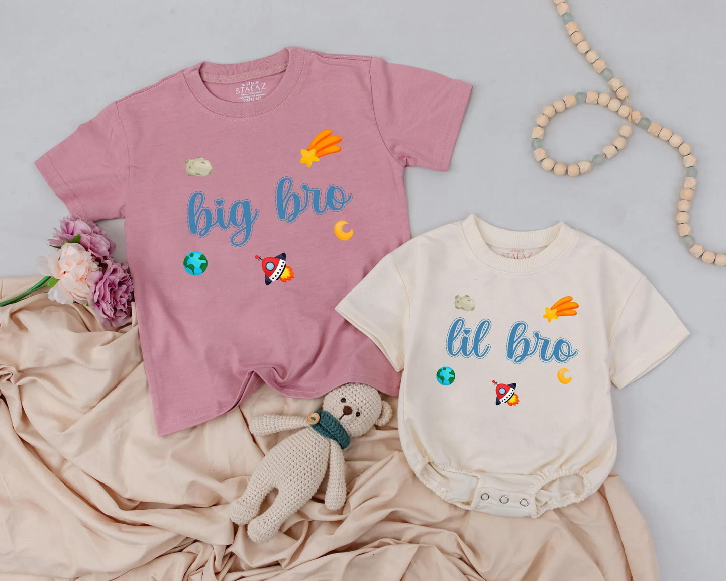 Big Bro Lil Bro Matching Space Theme Outfits for Siblings Baby Toddler Newborn Gift Big Brother Announcement Comfort Cotton Soft