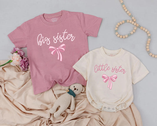 Big Sister Little Sister Matching Pink Bow Design Sibling Outfits Baby Girl Clothes Toddler Sister Newborn Gift Announcement