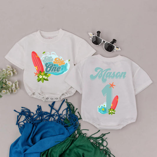 Surf's Up! 1st Birthday Romper for Baby Boy - Personalized The Big One Summer Outfit & Tropical Beach Party Gift (140 chars)