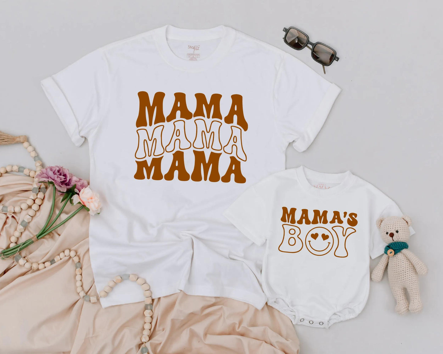 Retro Mama & Mama's Boy Matching Family Outfit Groovy Vintage Tee & Bodysuit Set Mom & Baby Gift Cute Mother's Day Aesthetic