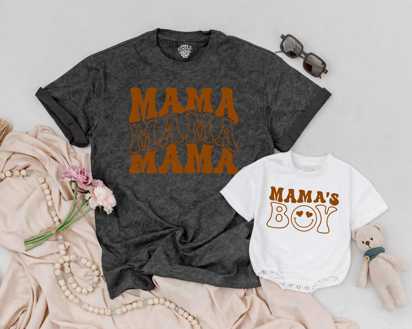 Retro Mama & Mama's Boy Matching Family Outfit Groovy Vintage Tee & Bodysuit Set Mom & Baby Gift Cute Mother's Day Aesthetic