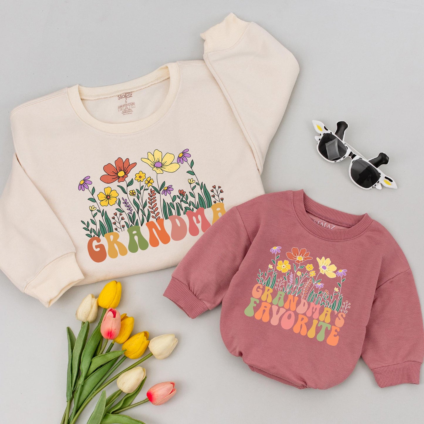 Personalized Grandma & Me Flower Sweatshirt Custom Grandchild Gift for Grammy Cozy & Unique