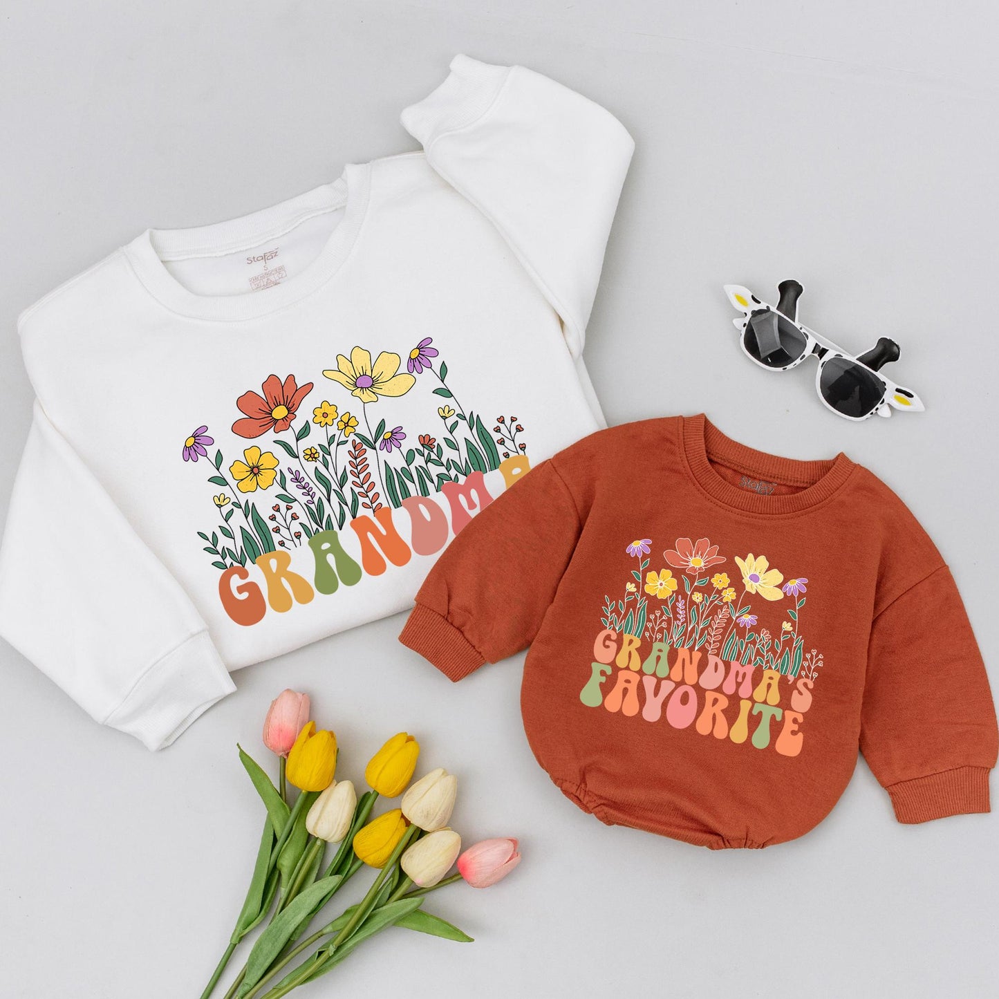 Personalized Grandma & Me Flower Sweatshirt Custom Grandchild Gift for Grammy Cozy & Unique