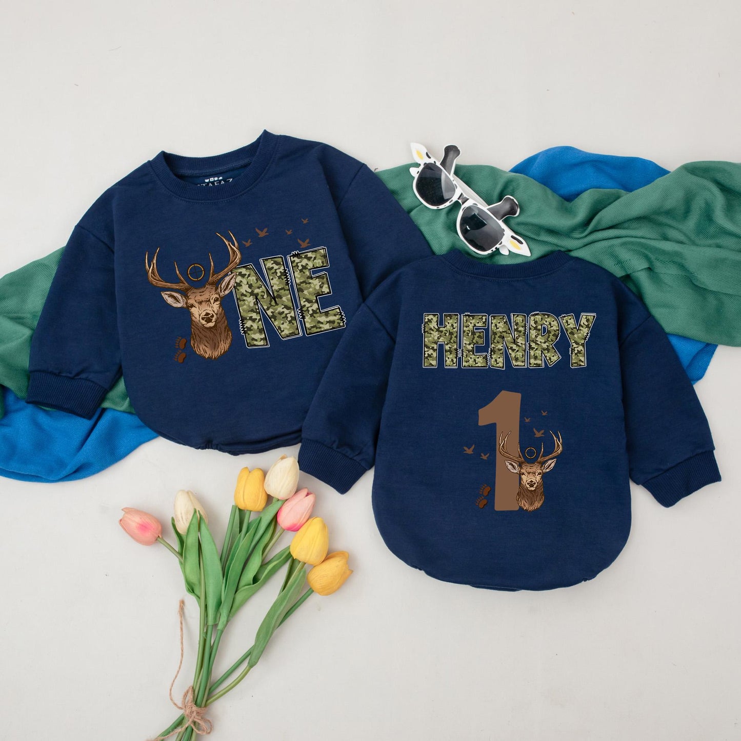 Custom Camo Baby Onesies, Wild One Deer Camo 1st Birthday Outfits, Personalized Camo Clothes, Woodland Animal Outfits
