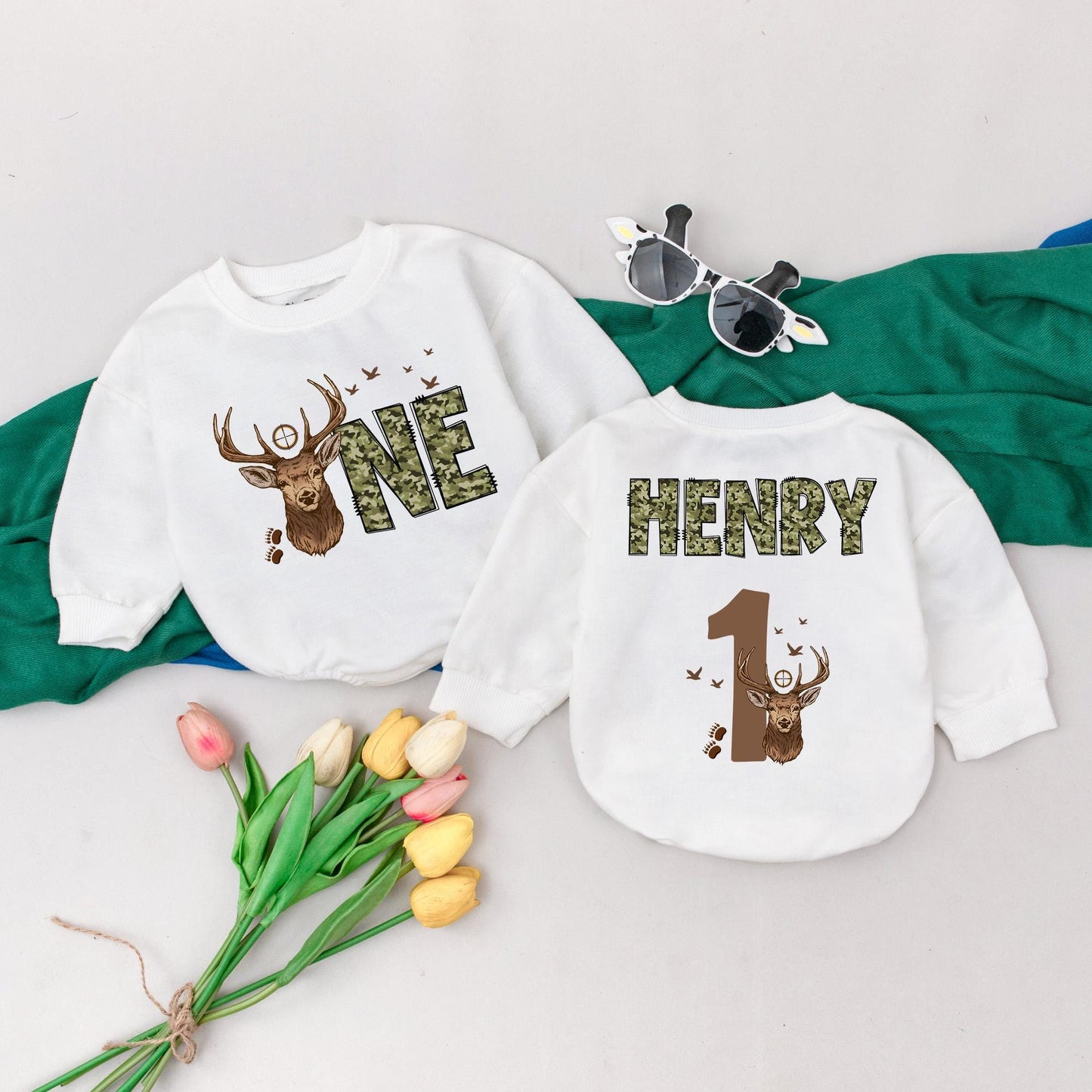 Custom Camo Baby Onesies, Wild One Deer Camo 1st Birthday Outfits, Personalized Camo Clothes, Woodland Animal Outfits