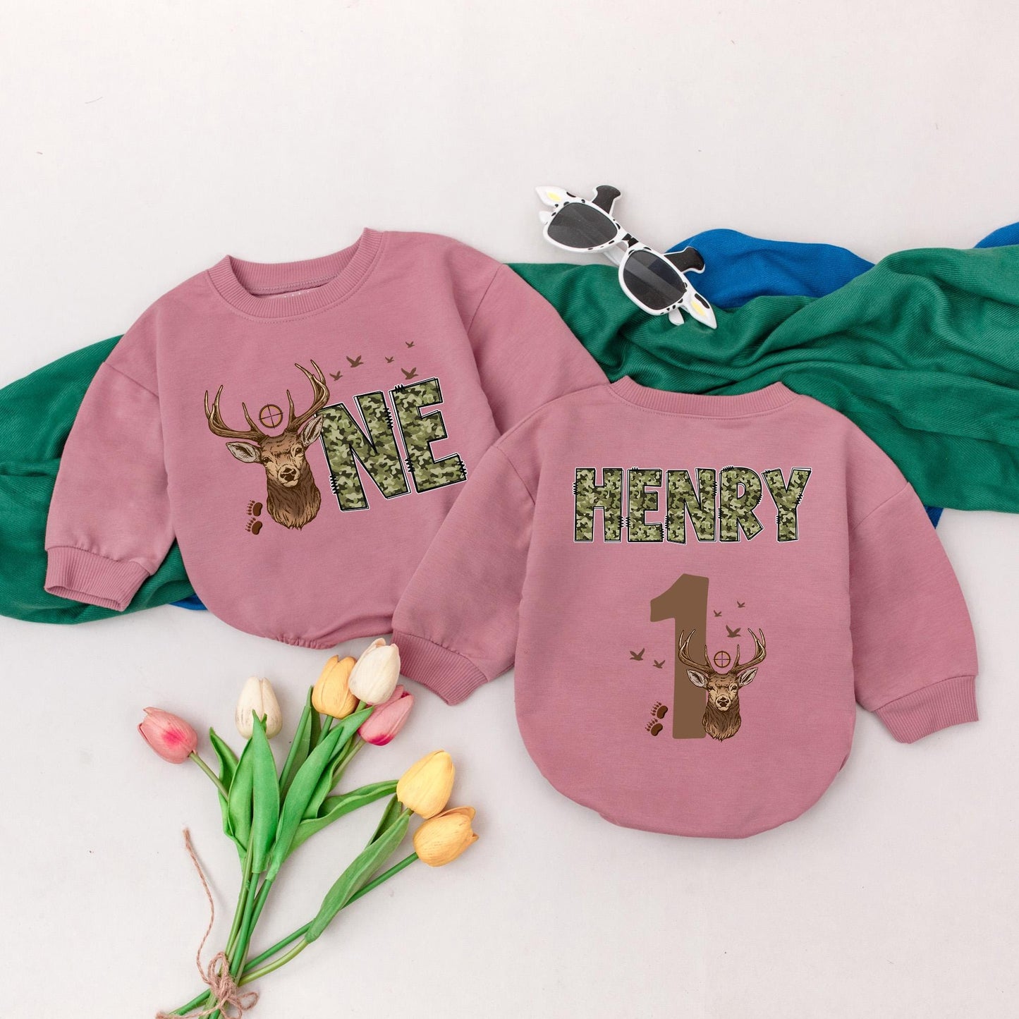 Custom Camo Baby Onesies, Wild One Deer Camo 1st Birthday Outfits, Personalized Camo Clothes, Woodland Animal Outfits