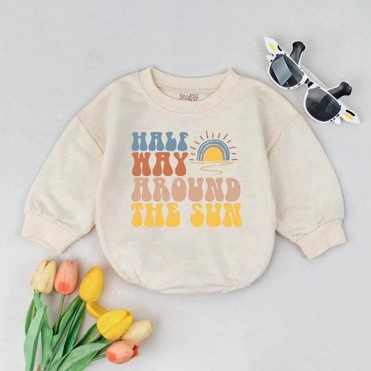 Halfway to One Bubble Romper for 6 Month Baby Girl - Retro Half Birthday Outfit Sunshine Baby Clothes Milestone Romper