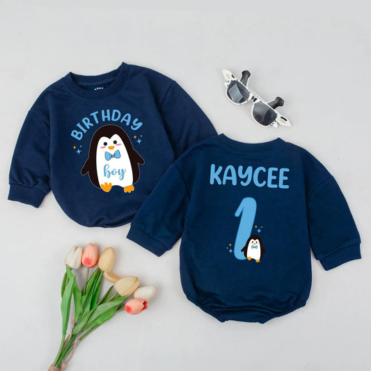 Personalized Penguin Birthday Outfit – Custom 1st Birthday Shirt & Pants Set – Cute Penguin Theme Baby Boy or Girl Birthday Outfit