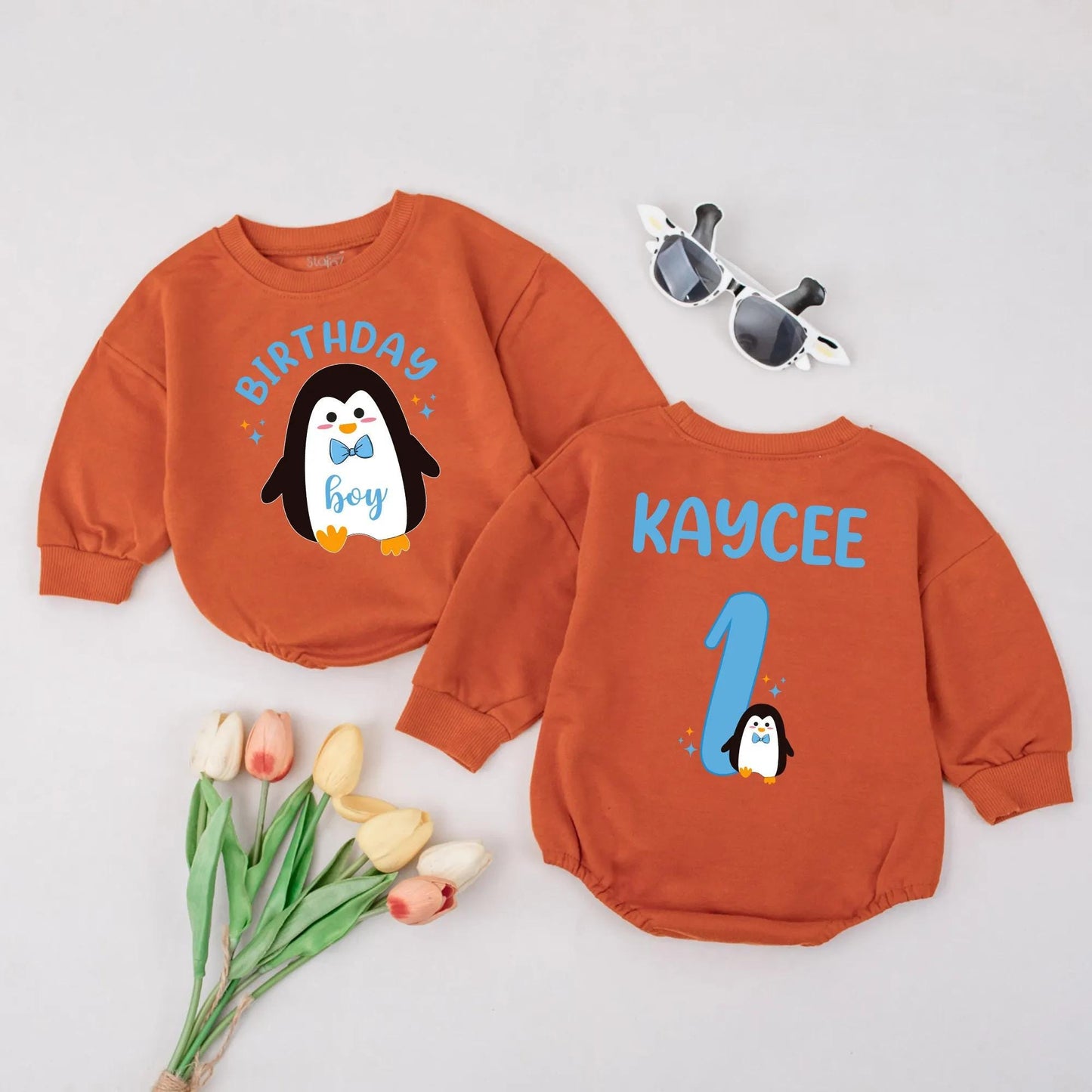Personalized Penguin Birthday Outfit โ Custom 1st Birthday Shirt & Pants Set โ Cute Penguin Theme Baby Boy or Girl Birthday Outfit